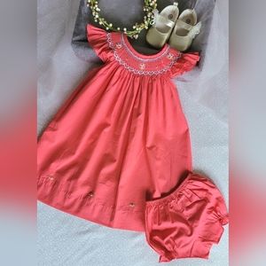 Pastel Coral Bishop Smocking Baby Girl Dress / Toddlers Summer Vintage Dress.